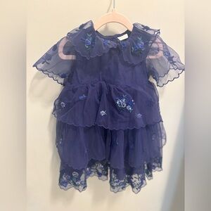Toddler 2-3 years Navy Blue Floral Embroidered Tiered Dress